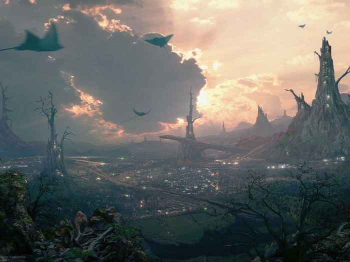 Fantasy landscape with flying creatures and city at sunset
