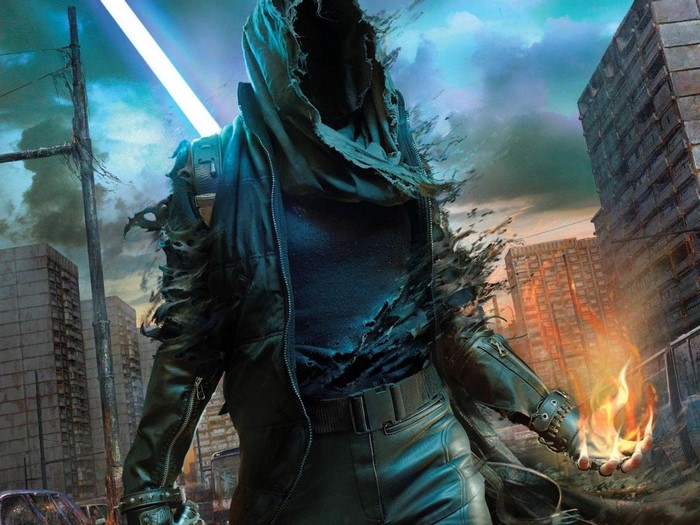Figure with fire and light in ruined city