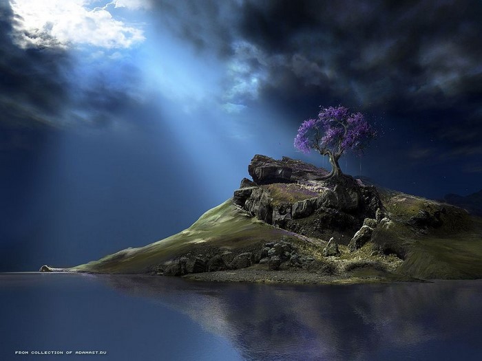 Fantasy art of a tree on a rocky island in the sea