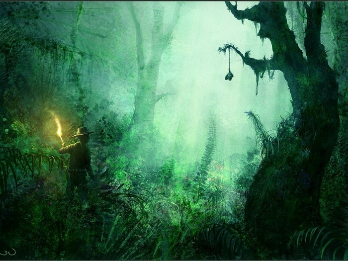 Man with torch in a misty jungle