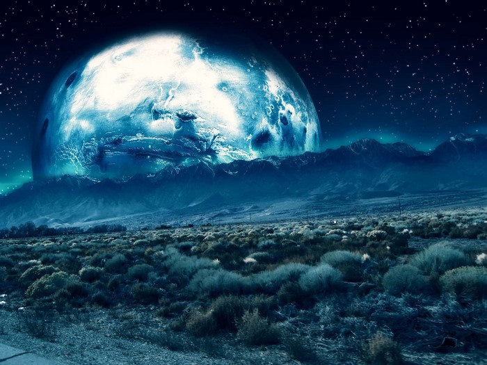 Alien planet with mountains and stars
