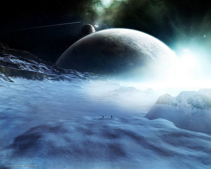 Alien planet landscape with two figures and large planets