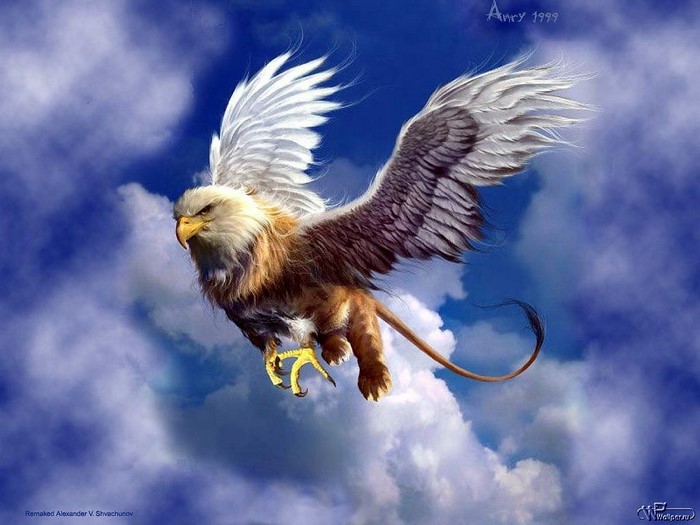 Fantasy griffin flying in a cloudy sky