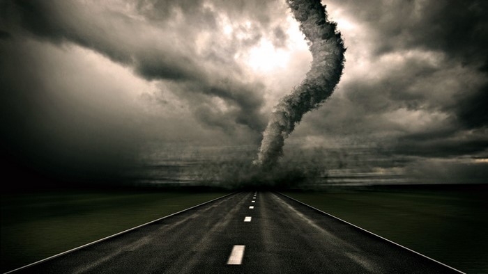 Tornado on a dark, stormy road