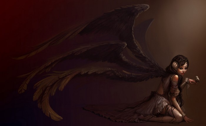Dark fantasy illustration of a winged creature with a bird