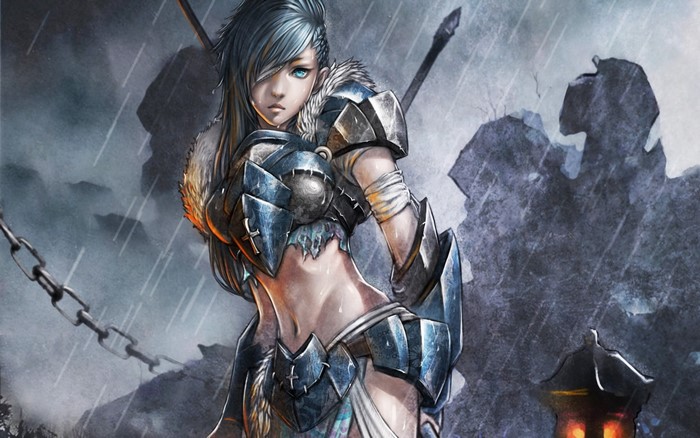 Fantasy warrior woman in armor in the rain
