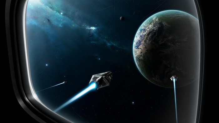 Spaceships near Earth and nebula