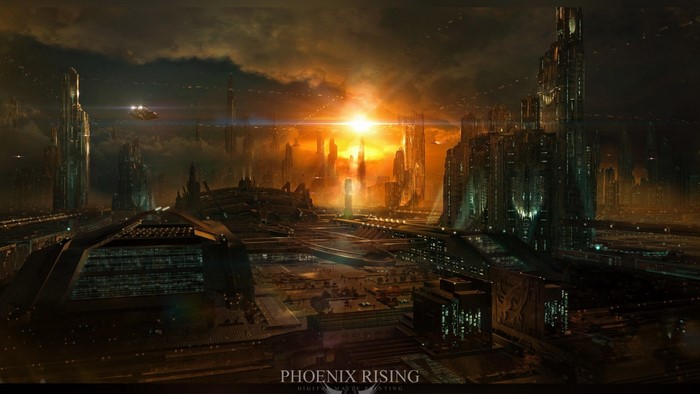 Phoenix Rising futuristic cityscape at sunset