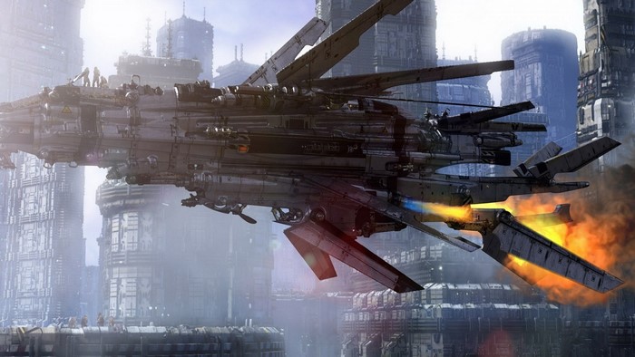Massive spaceship flying through a futuristic city