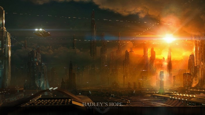 Futuristic cityscape at sunset with flying vehicles