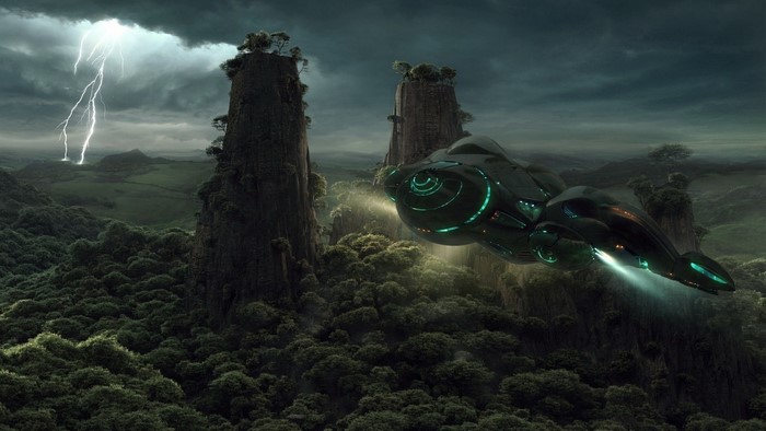 Alien spaceship flying over a stormy alien landscape