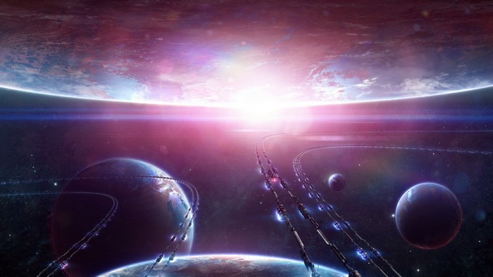 Space scene with planets and orbital structures