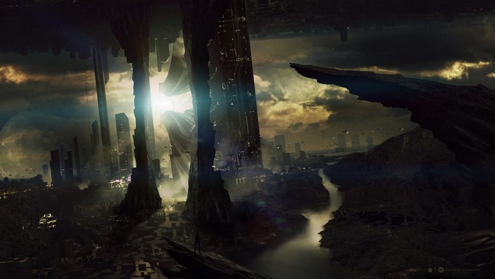 Futuristic Cityscape with Dramatic Lighting and Rocky Outcrops