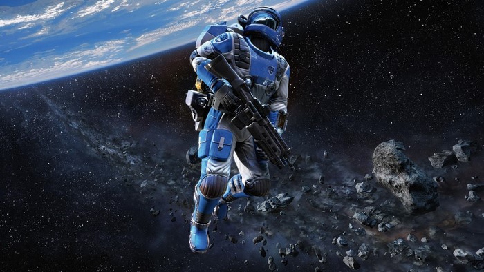 Astronaut with rifle in outer space near Earth