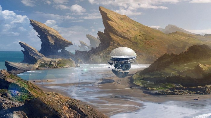 Futuristic structure on a rocky coast with ocean and mountains
