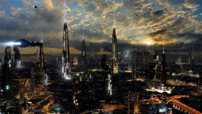 Futuristic cityscape with flying vehicles at dusk