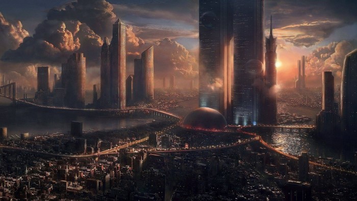 Futuristic city skyline at dusk with dramatic clouds