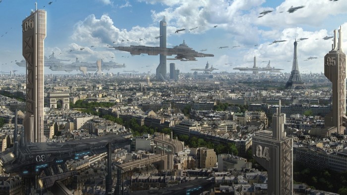 Futuristic Paris cityscape with flying vehicles and landmarks