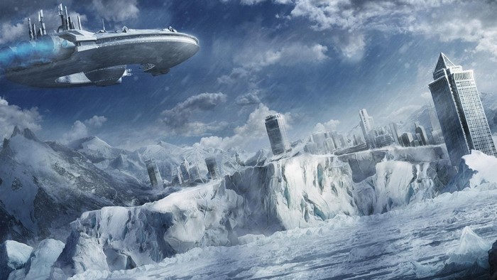 Futuristic spaceship over a frozen, ruined city