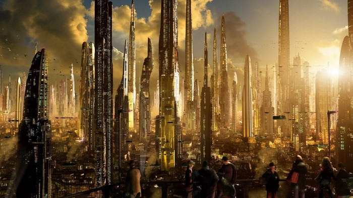 Futuristic cityscape with towering skyscrapers and flying vehicles