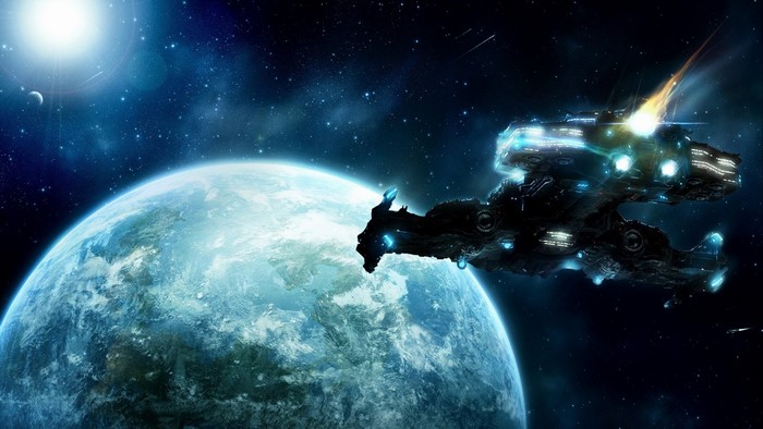 Spaceship near a planet in space, Starcraft II