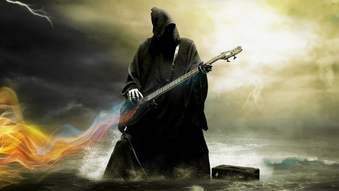Grim Reaper playing bass guitar in stormy sea