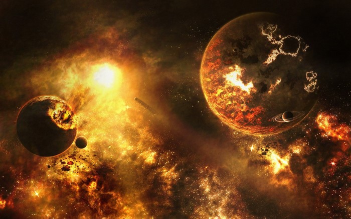 Explosion in space with planets and nebulae