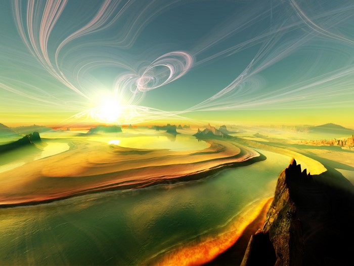 Surreal alien landscape with glowing sun and wispy clouds
