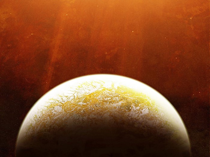 Planet in space with orange nebula