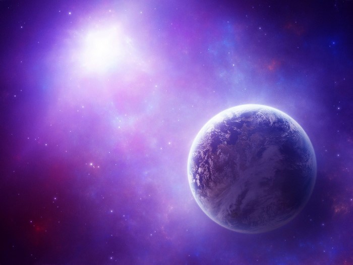 Planet in a purple nebula with a bright light source
