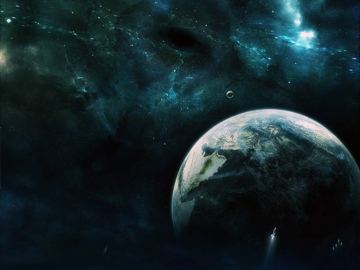 Planet and moon in outer space with nebula