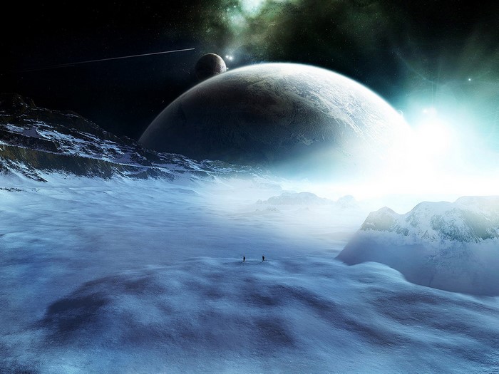Two figures on a snowy alien planet with large planets in the sky