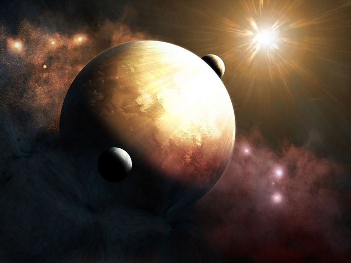 Planet and moons in space with bright star