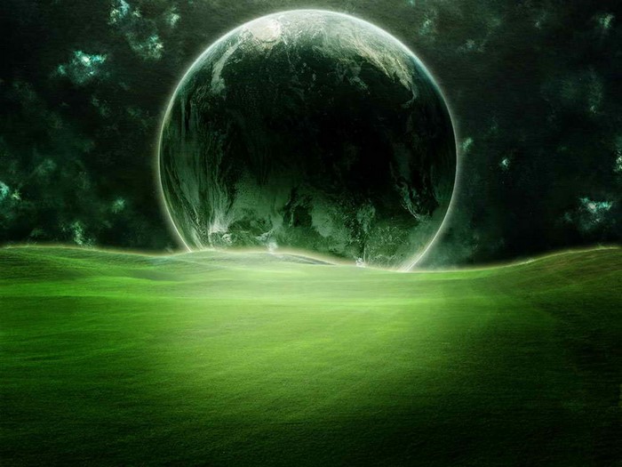 Green planet rising over grassy landscape in space