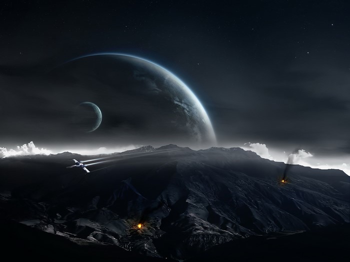 Spaceship flying over a dark, mountainous planet with a large planet and moon in the sky