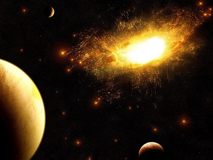 Planets and galaxy in outer space