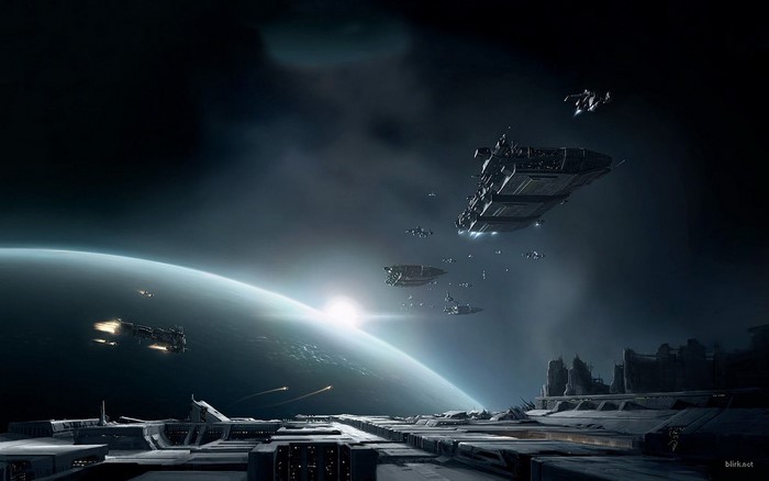Spaceships near a planet in EVE Online
