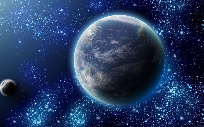 Planet and moon in a star-filled galaxy