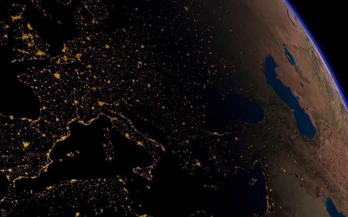 Earth at night from space showing Europe and the Mediterranean