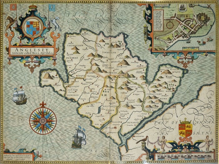 Antique map of Anglesey, Wales with Beaumaris inset
