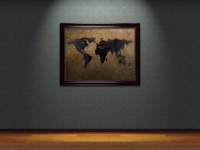 Framed World Map Painting on Textured Wall