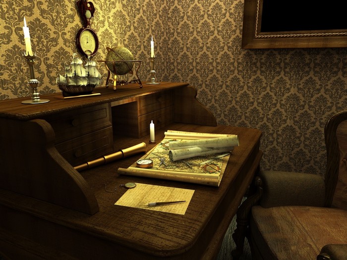 Desk with nautical items and maps