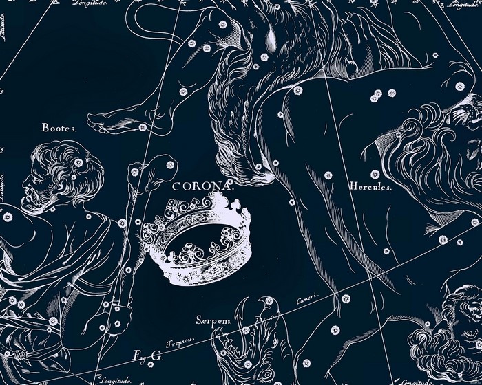 Celestial map of constellations Bootes, Corona, Hercules, and Serpens