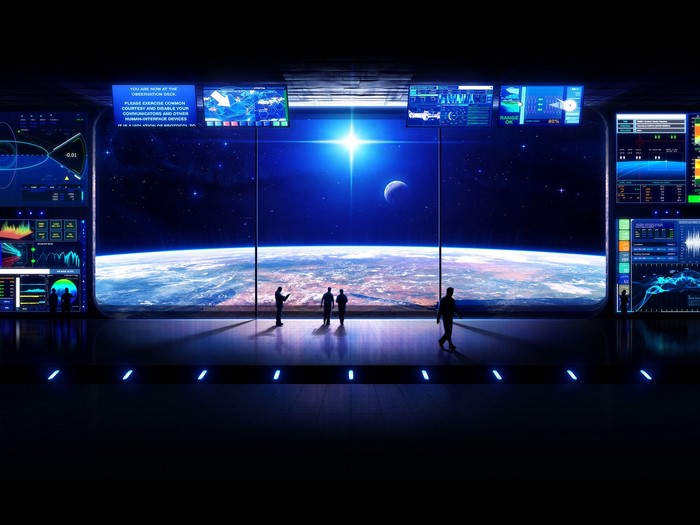 Space station observation deck overlooking Earth