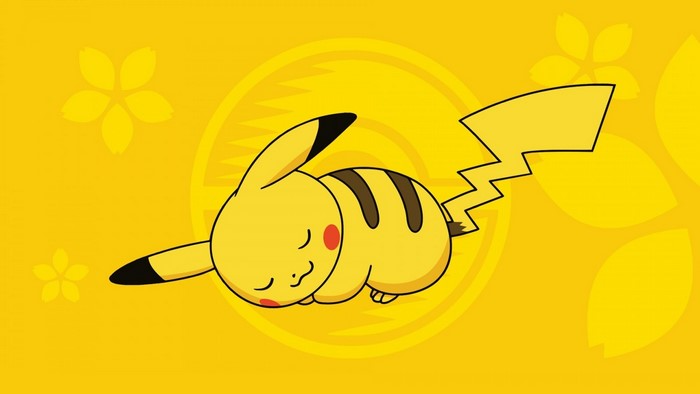 Pikachu from Pokemon sleeping on a yellow background
