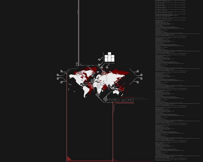 World map with code and "hello world" text