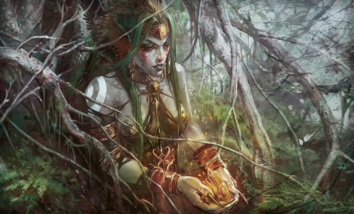 Fantasy art of a woman in a forest