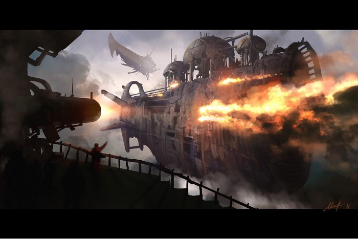 Fantasy art of a battle between airships