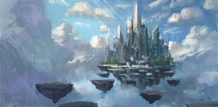 Floating islands with a fantasy city in the clouds