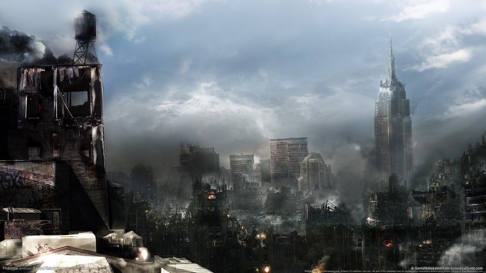 Apocalyptic cityscape with damaged skyscrapers and smoke